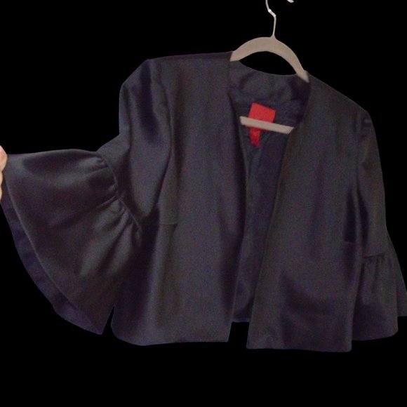 JS Collection Bell Sleeve Jacket Blazer Black Satin No collar with shoulder pads - Picture 3 of 8